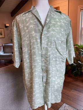 100% Silk BRUNO Mens Shirt Sage Green Bamboo Print